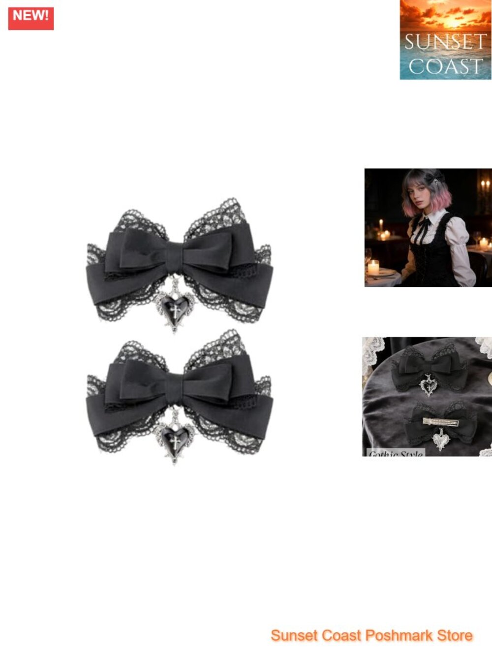 2 Pack Gothic Bow Hair Clips Cross Pendant Lace Hair Accessories for Women